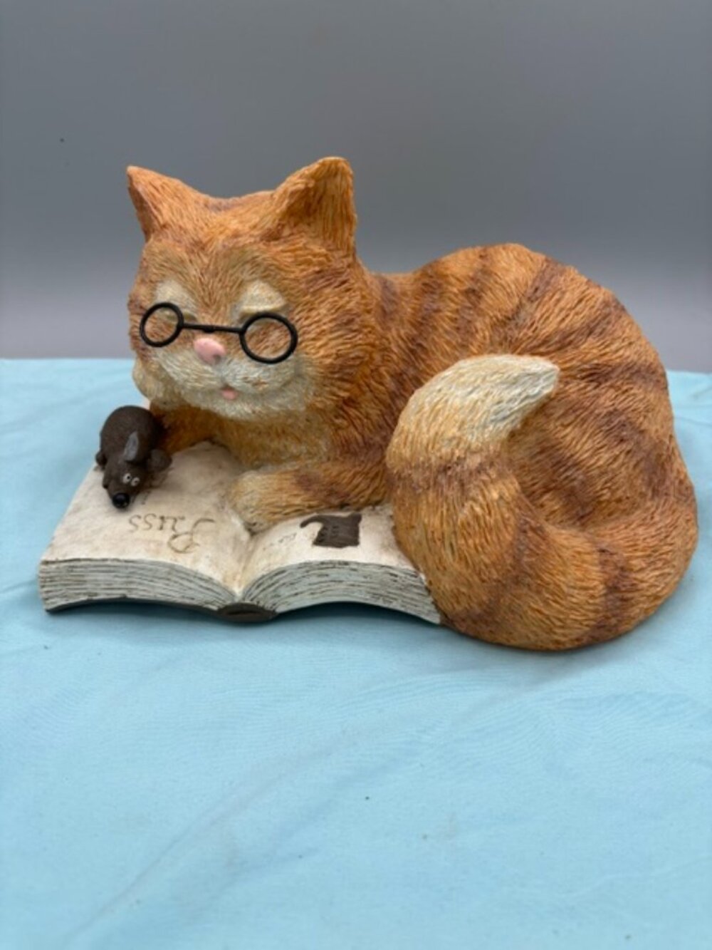 Orange Resin Tabby Cat Reading Book 9" X 6" Figurine